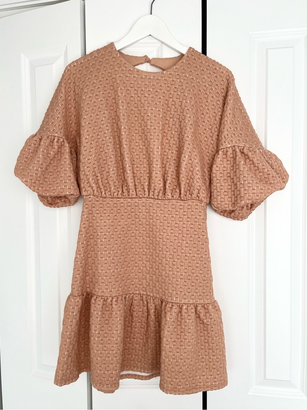 ASOS DESIGN puff sleeve open back tiered mini dress, textured soft fabric